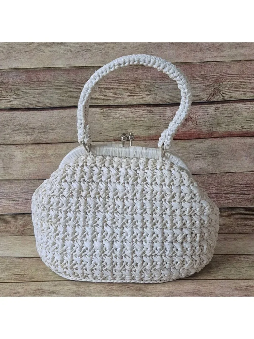 Vtg 60's Woven Raffia Ivory Straw Flower Purse Kiss Lock Closure Made In Japan